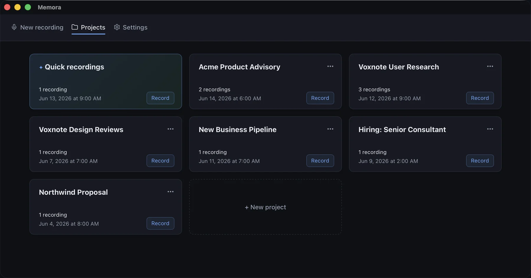 Memora main window with recordings grouped by project