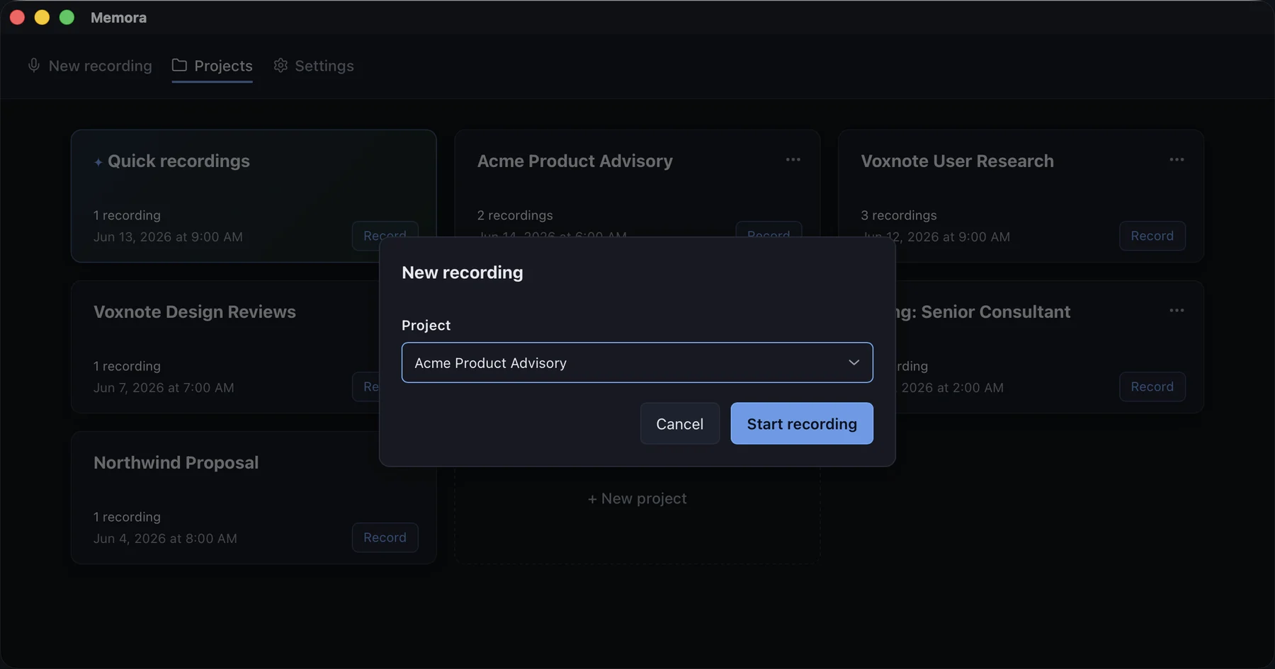 New recording dialog with the project selector