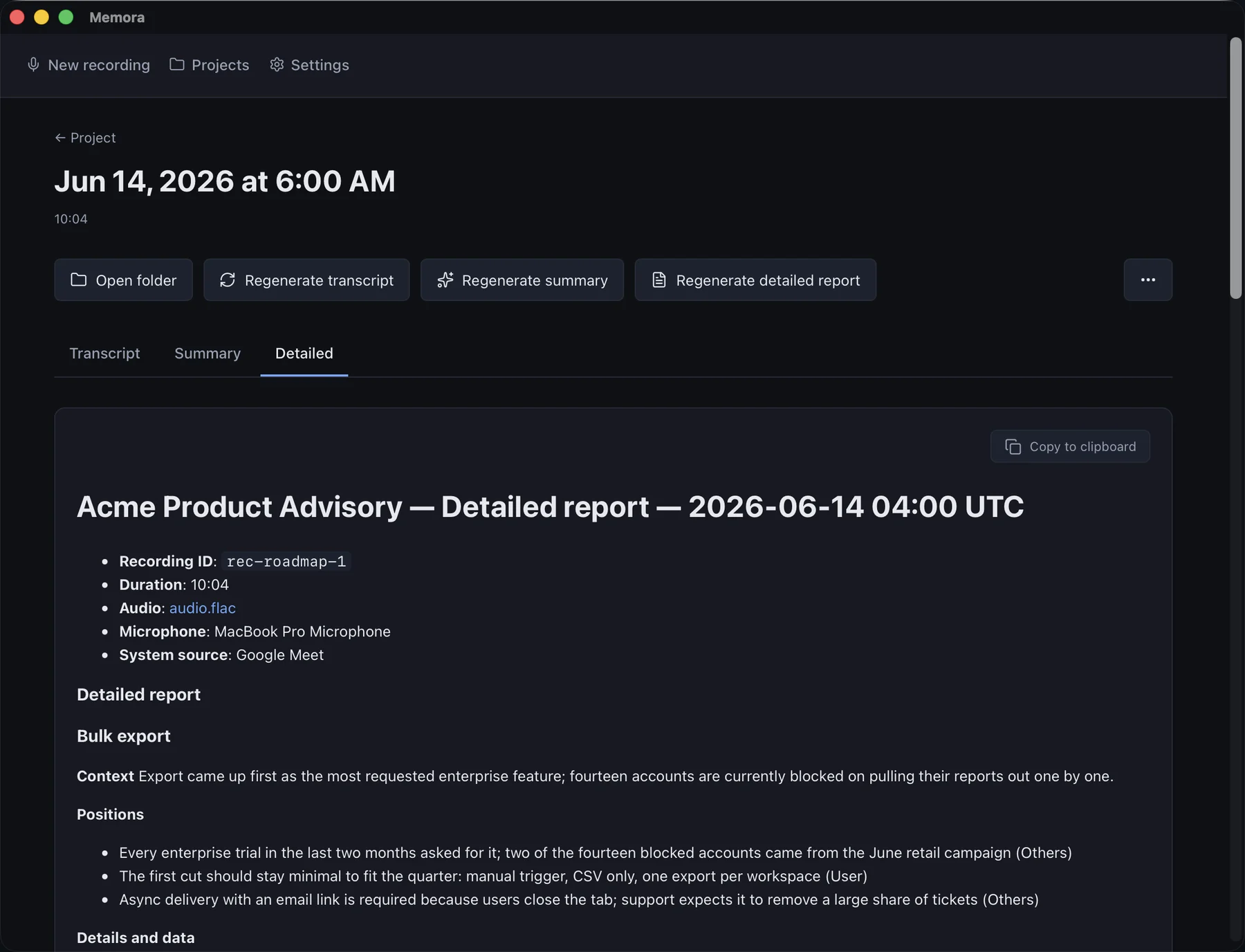 Detailed report generated from a recording