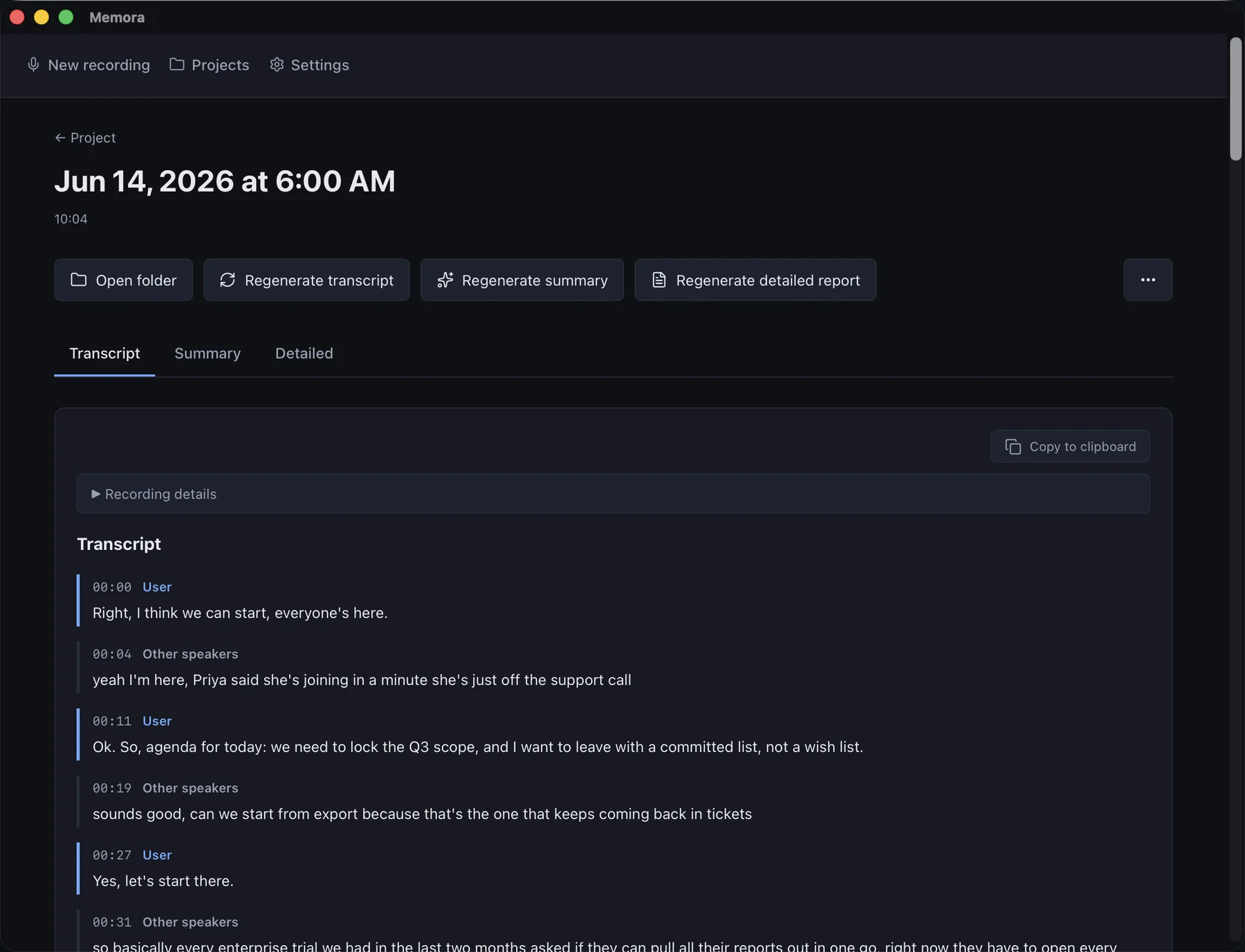 Transcript view with speakers and timestamps